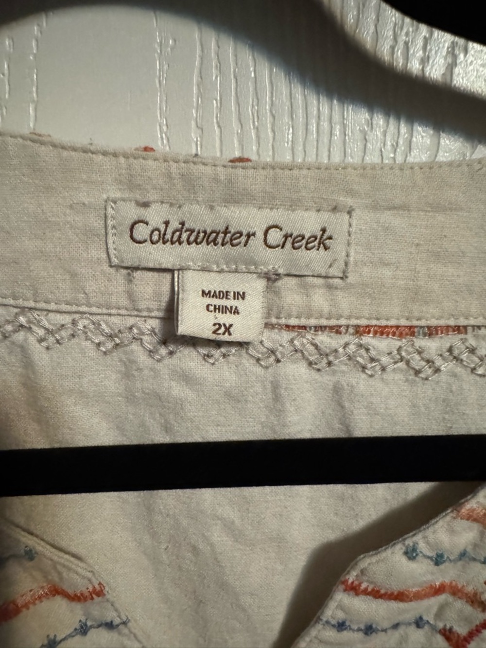 Coldwater Creek Cream Embroidered Peasant Blouse with Blue & Coral Accents - Picture 2 of 10